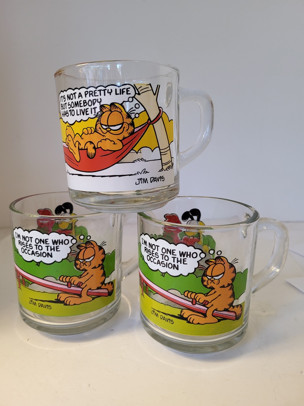 1980 McDonalds Garfield Glass Coffee Mugs Anchor Hocking Set/3